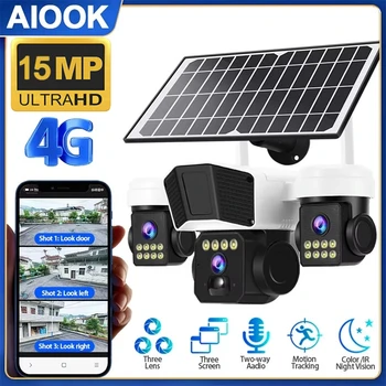 AIOOK Outdoor Solar Camera Three Lens HD 15MP 4G Camera Auto Tracking Night Vision Waterproof Two-Way Intercom 20000mAh Battery 1