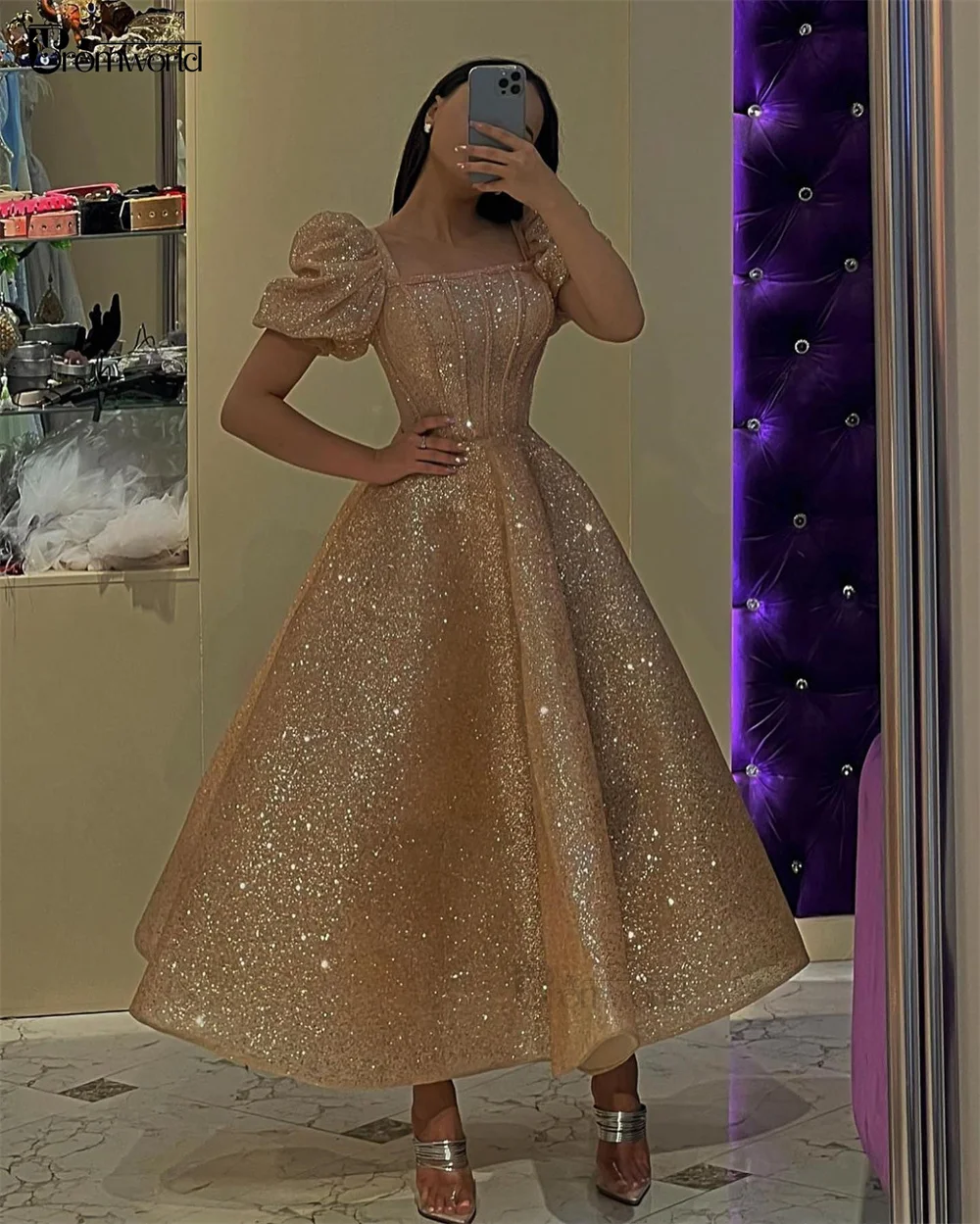 Scintillanti paillettes oro principessa abiti da ballo lunghezza del tè Robes De Soirée arabo Dubai abito da sera Puff abiti da ballo da festa formale