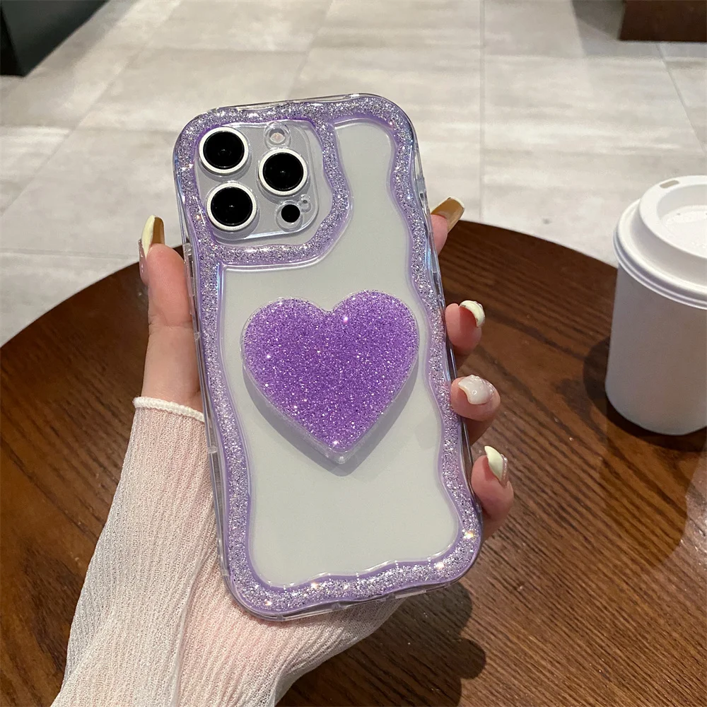 Coque téléphone cœur pailletée avec support pour iphone pro max_voghion.com