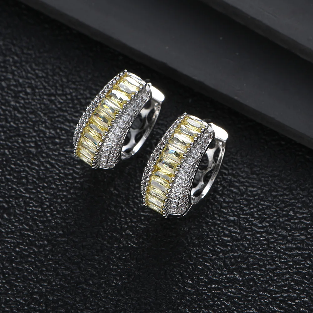 JUWANG Advanced European Style personality Green Rectangular Zircon Round Earrings Luxury Geometric Temperament Accessories