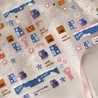 Autocollants 5D en jean à motif écossais pour nail art, patchs texturés en tissu, motifs cœur, nœud, étoile, sourire, décalcomanies en jean gaufré, auto-adhésifs, pour manucure rétro 4