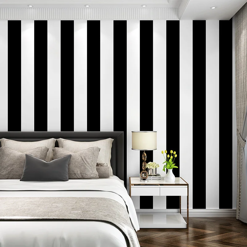Black and white horizontal and vertical stripe wallpaper modern simple living room bedroom coffee restaurant clothing store TV