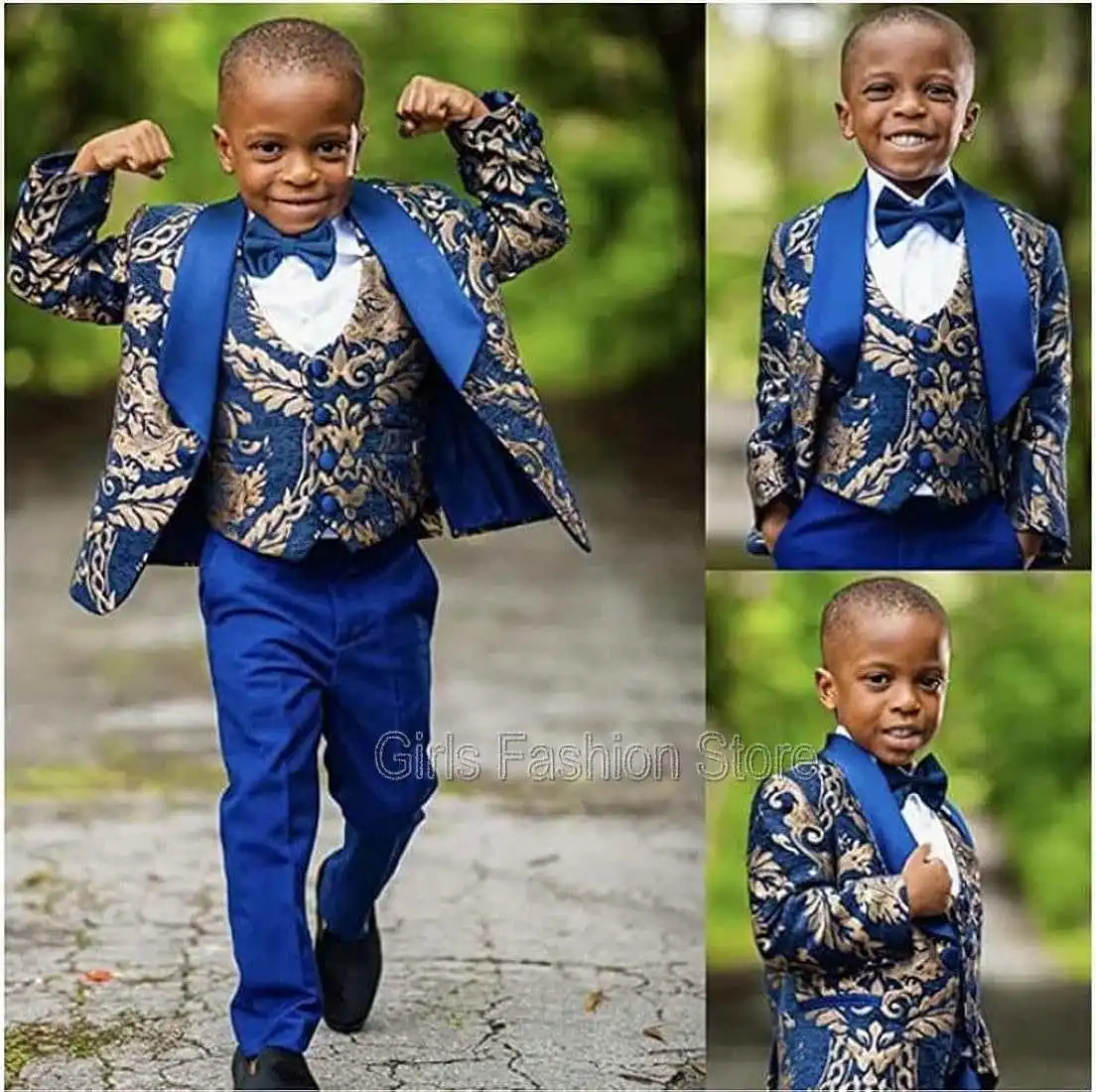 Formal Printed Boy Suit For Wedding Tuxedo Blazer 3 Piece Black Child Formal Jacket Set Pattern Young Full Outfit