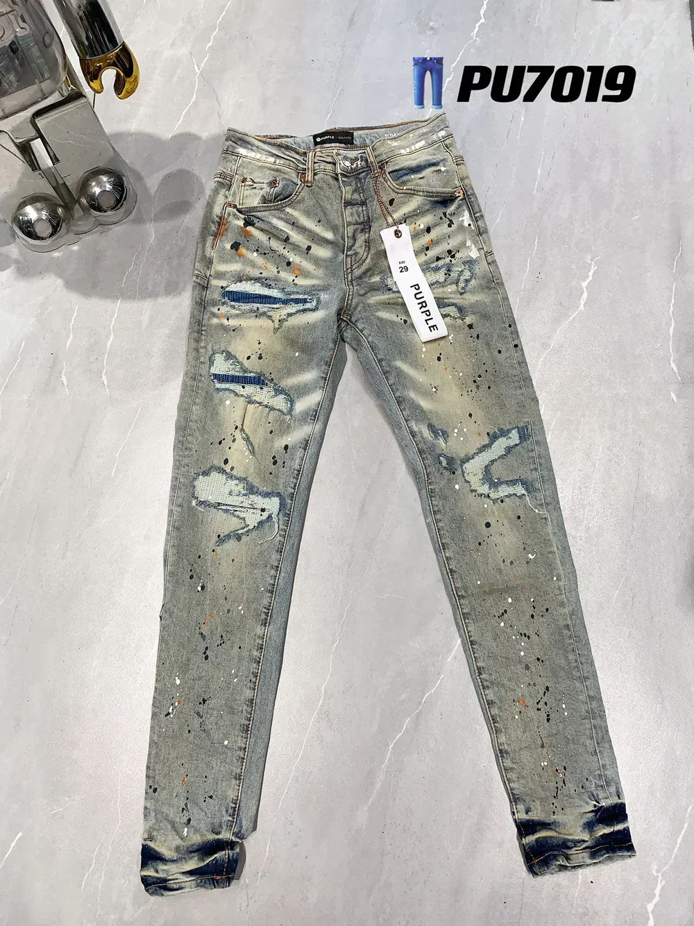 

Arrival Purple Brand Men's High Street Denim Distressed Slim Fit Paint Graffiti Pattern Damaged Hole Stretch Ripped Jeans