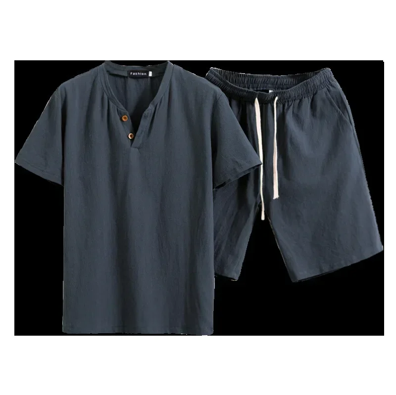 1 Set Men's Short Sleeve Shorts Set Summer Cotton and Linen Two Button Large Size Solid Color Men's T-shirt Two-piece Set 5