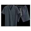 1 Set Men's Short Sleeve Shorts Set Summer Cotton and Linen Two Button Large Size Solid Color Men's T-shirt Two-piece Set 5