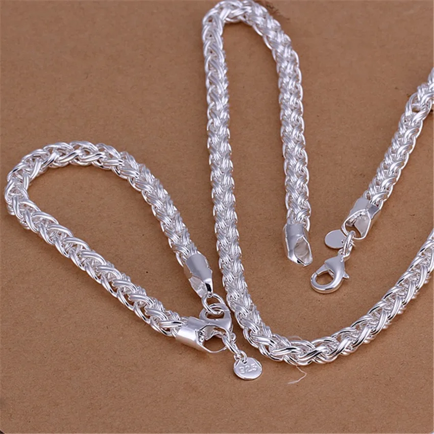 Trend 925 Sterling Silver Classic 6MM Twisted Circle Bracelet Necklace Jewelry Sets for Women Men Fashion Wedding Party Gifts fashion brand 925 sterling silver necklace for women jewelry angel wings heart pendant valentine s day gifts wedding