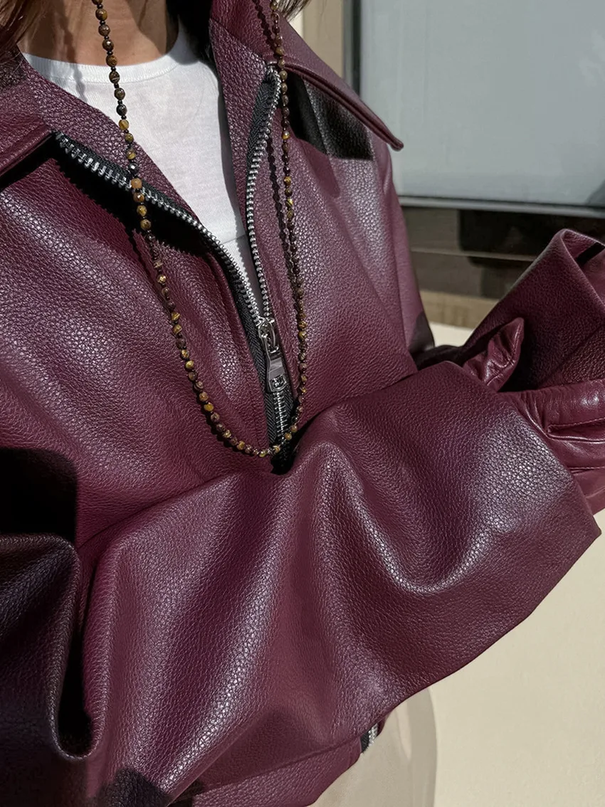 Angola Red Jacket Leather Motorcycle Street Fashion 2024 Autumn and Winter New Top Women's Elegant Coat