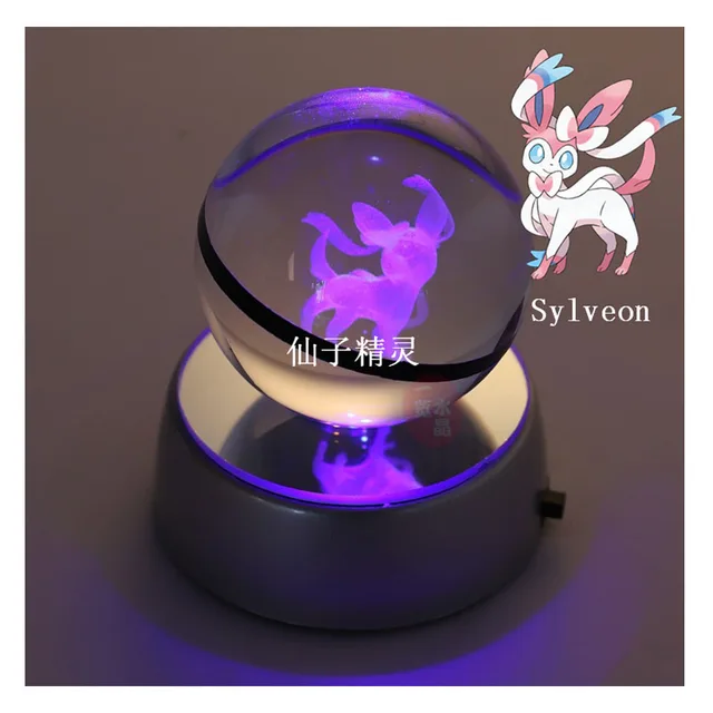 Anime Pokemon Sylveon 3D Crystal Ball Pokeball Anime Figures Engraving Crystal Model with LED Light Base Kids Toy ANIME GIFT