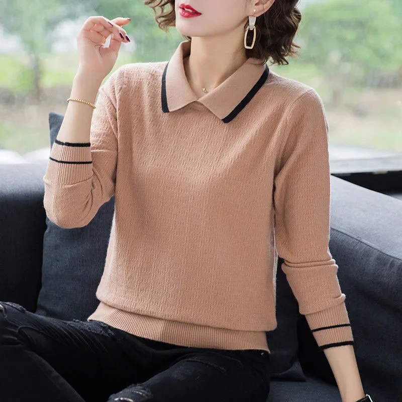 

Turn-down Collar Slim Yellow Sweaters Women Spring Autumnu Knitwear Jumper Long Sleeve Casual Knit Tops Mom Pullover V1111