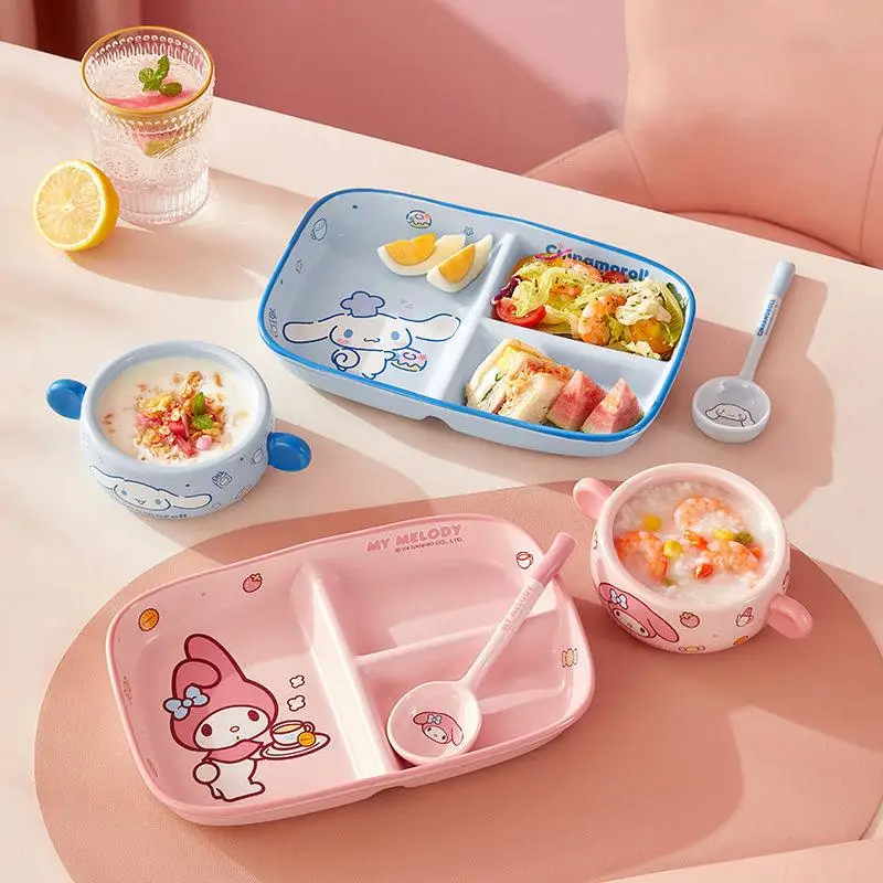 New 250Ml 600Ml Sanrio Dining Plate My Melody Cinnamoroll Kawaii Children Household Ceramic Cartoon Bowl Plate Spoon Tableware