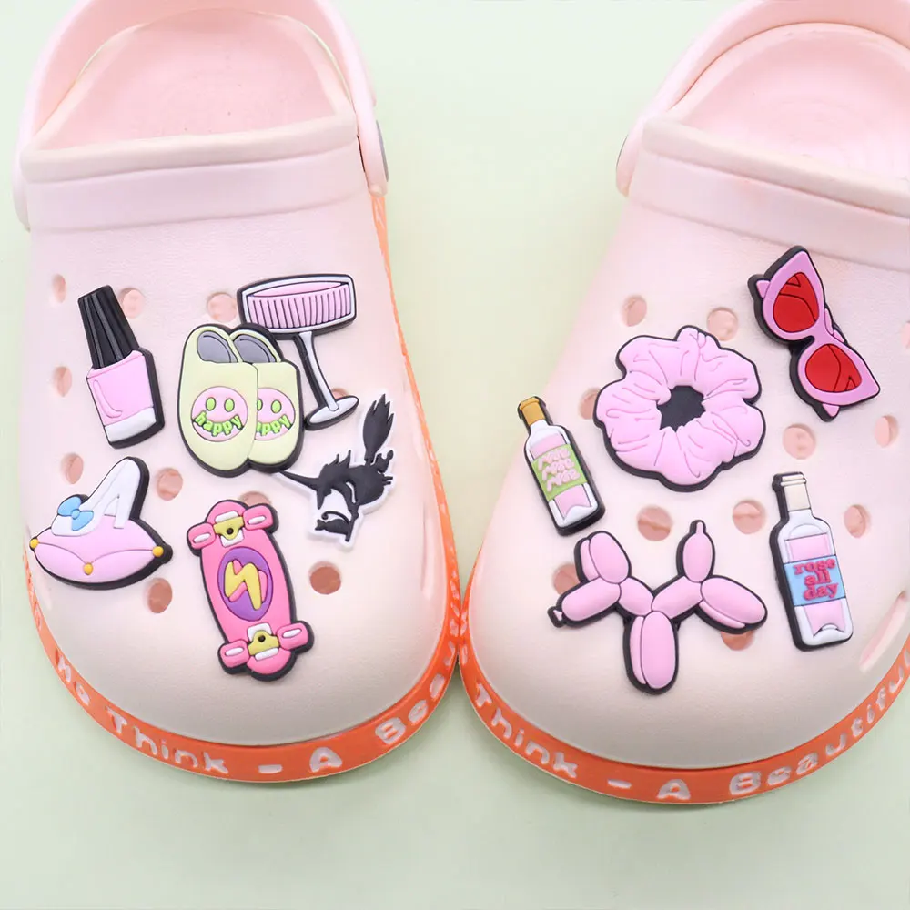 

Wholesale 50pcs PVC Shoe Charms Fashion Pink Sunglasses Skateboard Accessories DIY Shoe Ornament Fit Wristband Croc Jibz