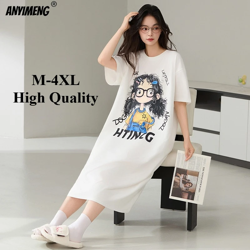 جودة عالية كول 95% القطن النساء قمصان النوم الصيف قصيرة الأكمام فساتين الليل الطويلة لسيدة M-4XL حجم كبير قميص النوم المرأة