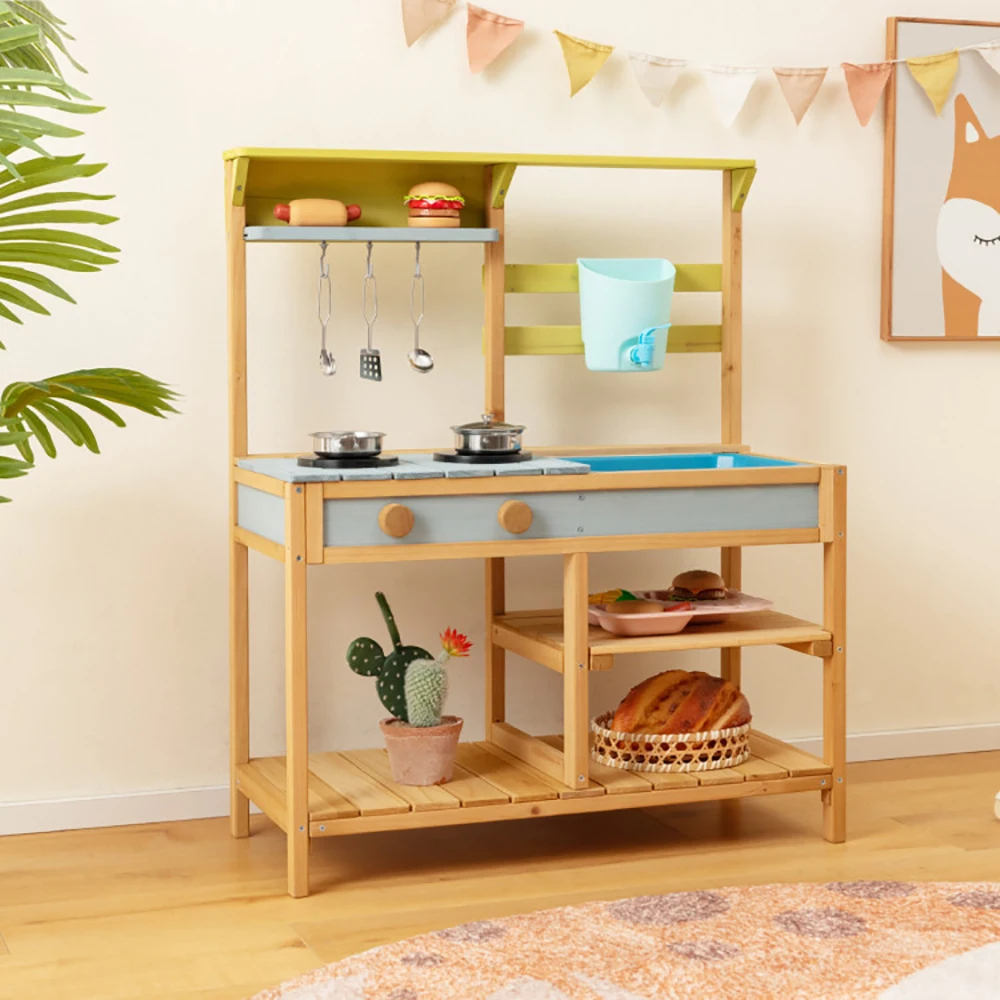 Wooden Kids Play Kitchen Outdoor Mud Kitchen with Removable Sink Water Box & Faucet Stove Top Storage Shelves for Boys Girls 3+