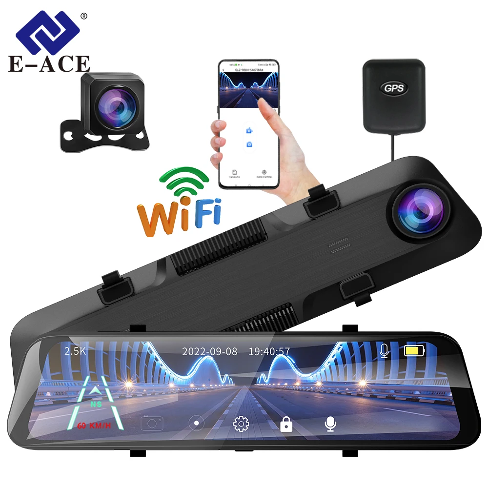 

E-ACE 2.5K Car DVR 12 Inch for Car Touch Screen Video Recorder Rearview mirror Dash Cam Front and Rear Camera Mirror Support GPS