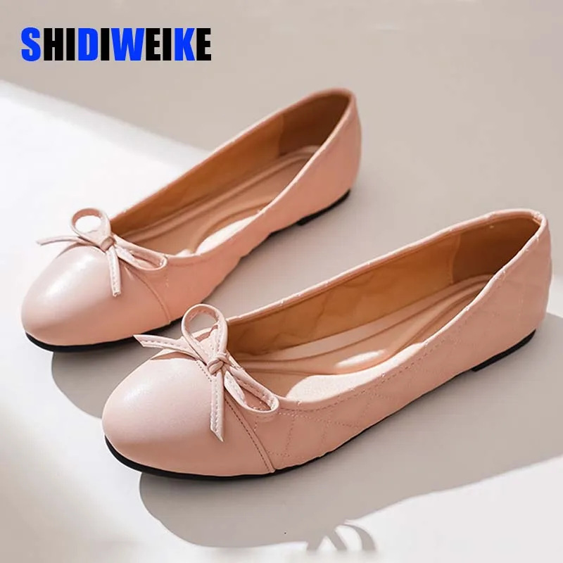 

Women Flats Slip on Flat Shoes Round Toe Shallow Butterfly-knot Ballerina Slip on Loafers Leather Lady Ballet Plus Size 34-43