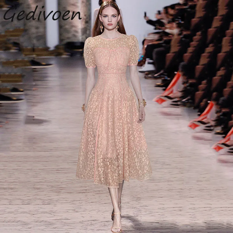 

Gedivoen Summer Fashion Runway Elegant Lace Perspective Dress Women's O-Neck Embroidery Hollow Out Party High Waist Midi Dress