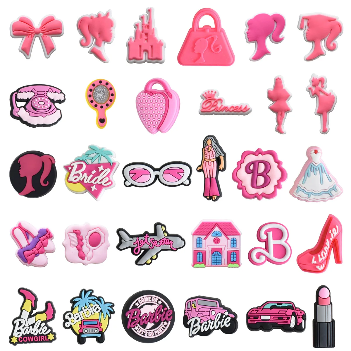 

30Pcs/1Set Croc Shoe Charms Decorations Pink Lady Garden Clog Sandals Clips Pins Accessories for Barbie Girl Boy Kids Party Gift