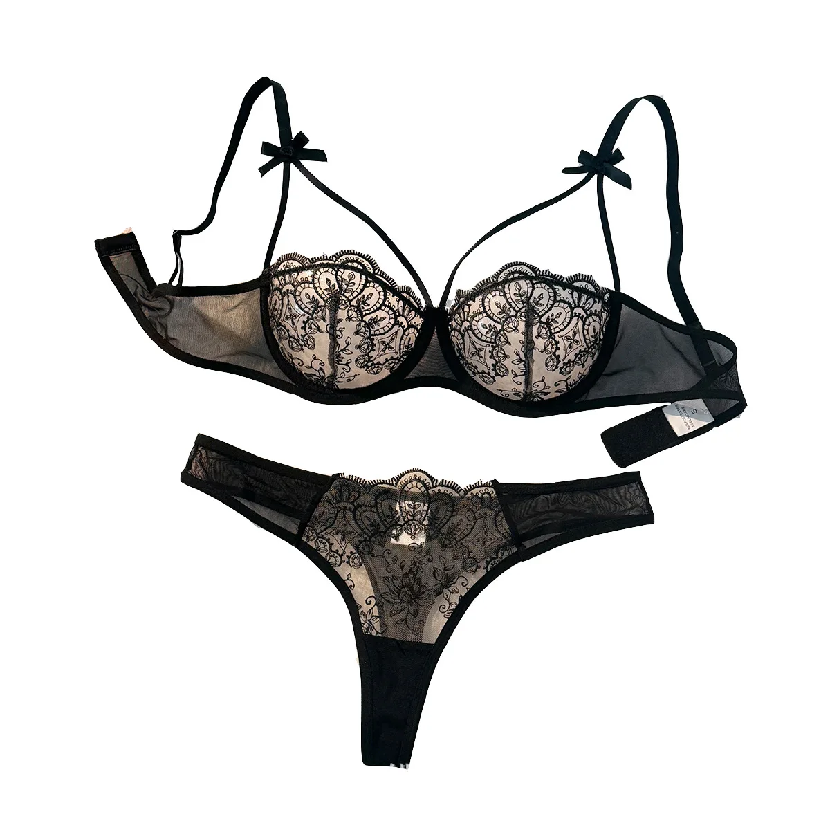 Ensemble de lingerie semi-transparente à nœud léger et confortable pour femmes, 2 pièces, noir, ZA824057 1