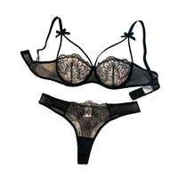 Ensemble de lingerie semi-transparente à nœud léger et confortable pour femmes, 2 pièces, noir, ZA824057 1