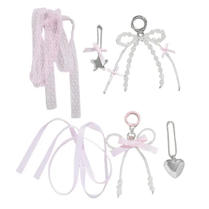 A52E 3er-Set Schlüsselanhänger mit Schleife, Herz und Stern-Anhänger für Damen, elegantes Autoschlüssel-Zubehör – Detail 1