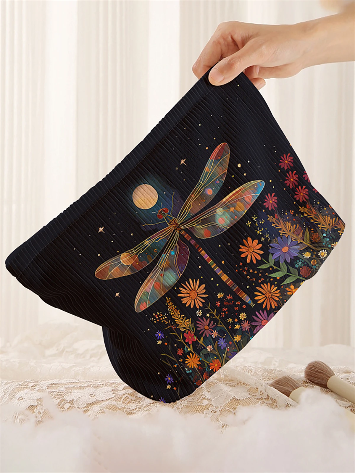 1 dragonfly corduroy makeup bag, lightweight zipper makeup storage box, multifunctional bag with lining