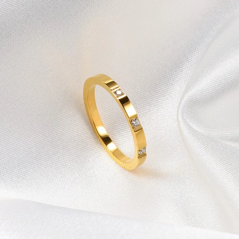Wedding Band Stackable Ring Stainless Steel 2mm Thin 3 Stone CZ for Women Girl Size 4-10