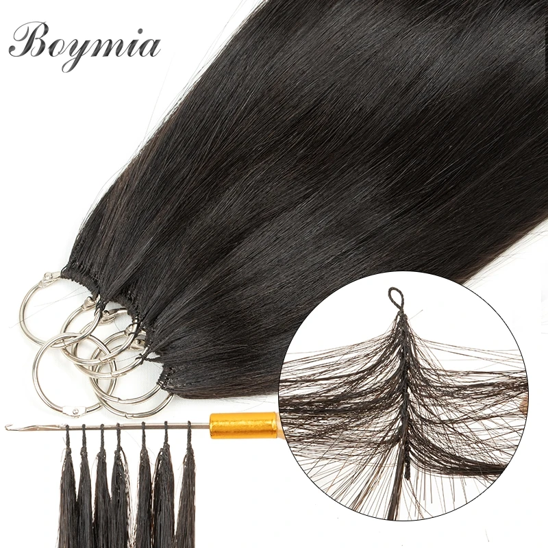Boymia Micro Feather Human Hair Extensions 16"-24 Invisible Cotton String Knitting Extension Straight Natural Human Hair