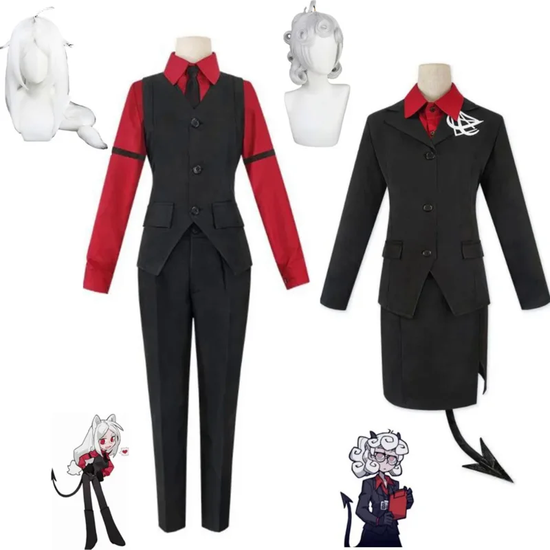 

Anime Game Helltaker Pandemonica Cerberus Felhunter Cosplay Costume Wig JK Dark Red Uniform Woman Sexy Halloween Carnival Suit