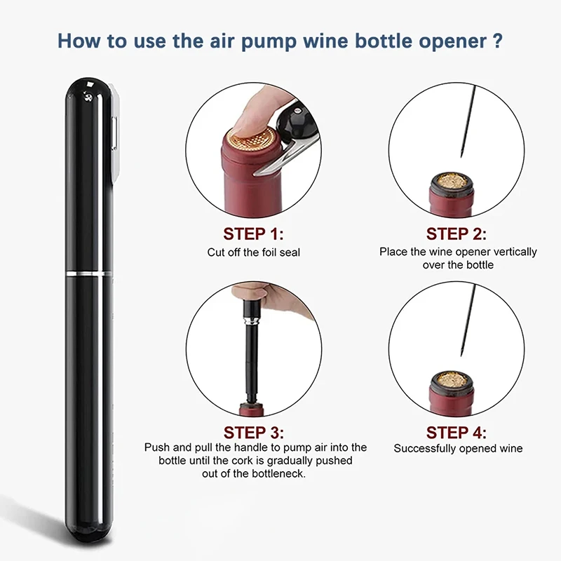 1Pc Black Stainless Steel Wine Air Pressure Corkscrew Cork Remover Air Pump Wine Bottle Opener Safety Portable Corkscrew bottle opener