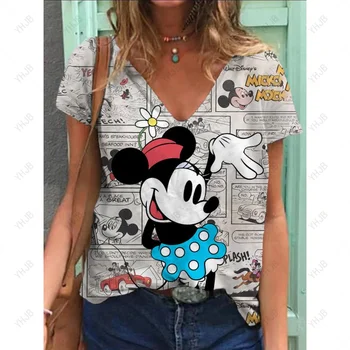 T-shirt con stampa Disney Topolino da donna allentata casual estiva T-shirt con stampa grafica con scollo a V Basic Top Fashion Stampa 3D Abbigliamento taglie forti 1