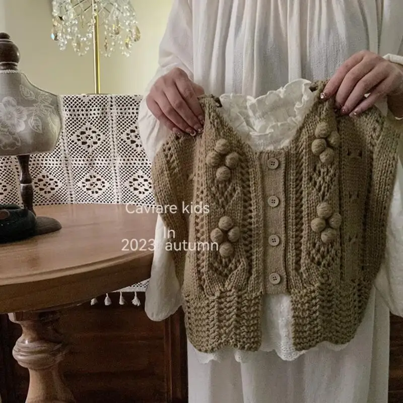 Autumn Baby Girls Waistcoat Cotton Knitted Flower Patched Single Breasted Toddler Girls Vest Children Waistcoat