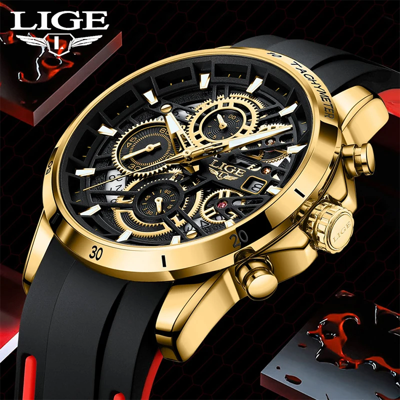LIGE New Military Watches for Men Luxury Sport Chronograph  WristWatch ​Waterproof Quartz Big Clock Creative  Male Watch  Silico