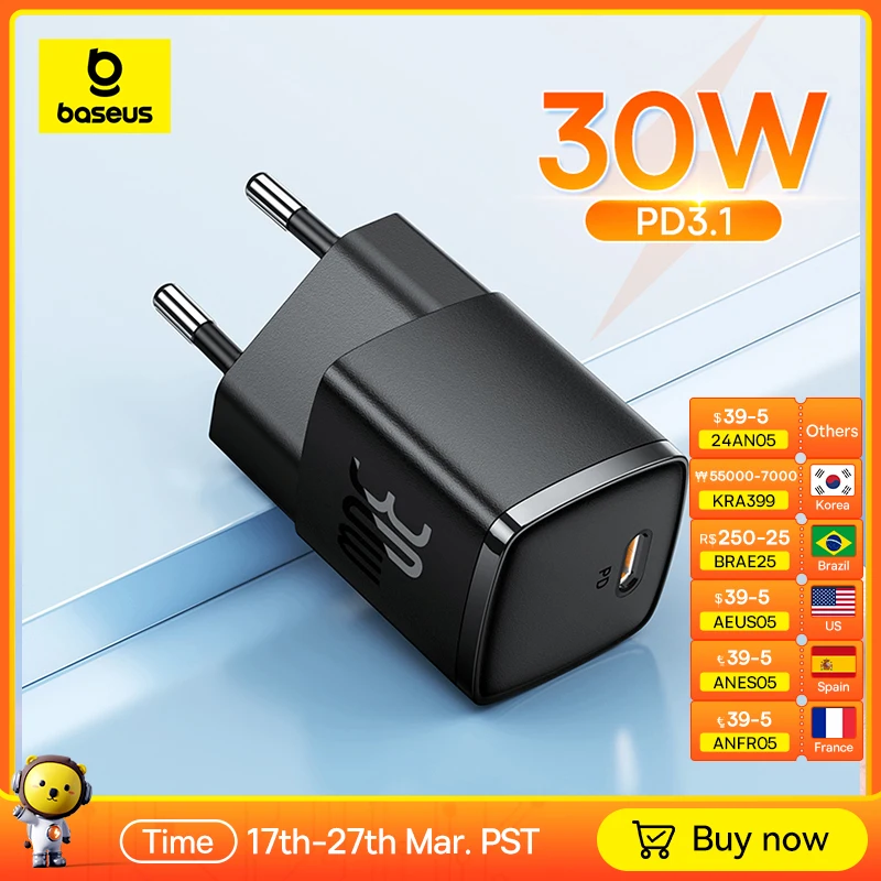  Baseus 30W GaN Charger PD Charger For iPhone 15 14 13 12 11 Xs Max Fast Charger PD3.0 QC3.0 Phone Charger Type C Tablets Charger 