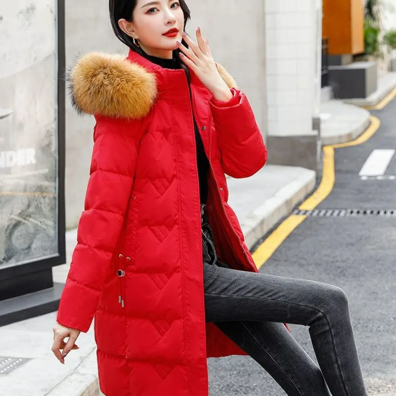 2023 New Women Down Jacket Winter Coat Female Mid Length Version Parkas Slim Fit Thick Warm Outwear Hooded Fur Collar Overcoat