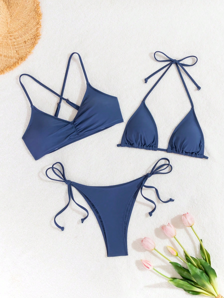 internet celebrity three-piece set solid color bikini thong low waist showing the figure curves fashionable sexy surfing b