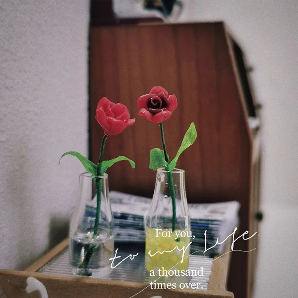 Miniature Dollhouse Miniature Rose Model Flower Vase Mini Floral 1:12 Scale Dollhouse Flower Rose Creative