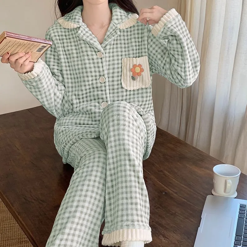 Autumn Winter Women Coral Velvet Sleepwear Thickened Cardigan Sweet Cute Loungewear Suit Flannel Long Sleeve Female Pajamas Set