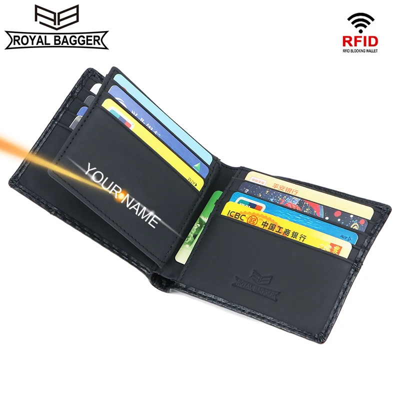 

Короткий кошелек Royal Bagger для мужчин, деловые бумажники с RFID-блокировкой, держатель для карт из углеродного волокна и натуральной коровьей кожи