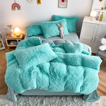 3Pcs Fluffy Black Plush Shaggy Duvet Cover +2Pcs Pillowcases Zipper Bedding set Soft Velvet 1