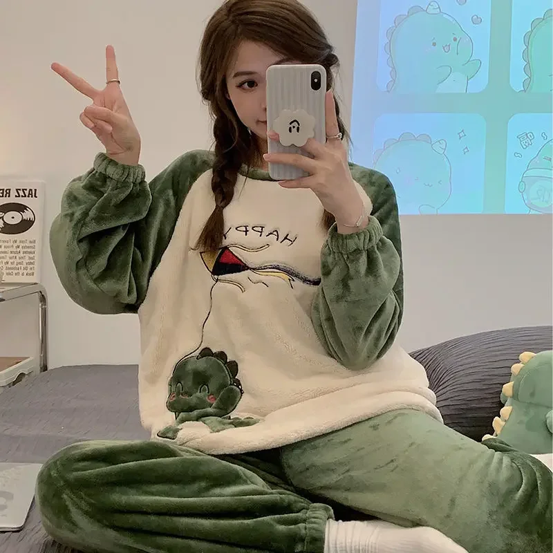 

Women Pajama Set Winter large Size Long Sleeve Top and Pant Coral Fleece Warm Sleepwear Home Soft Females Pyjamas Lovely Leisure