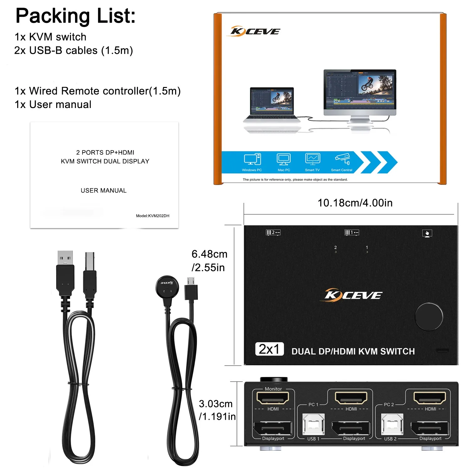 KCEVE   KVM ġ, HDMI  DP 2 Ʈ, 4K @ 60Hz HDMI DP Ȯ ÷ ó, 2 ǻ , 2 