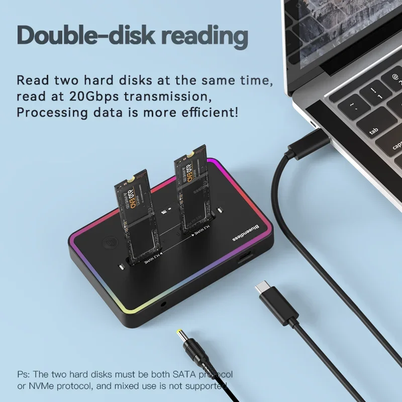 레노버 듀얼 프로토콜 M.2 SSD 인클로저, 2베이 NVMe/SATA SSD 도킹 스테이션, 10Gbps 타입-C 오프라인 클론 외장 SSD 케이스