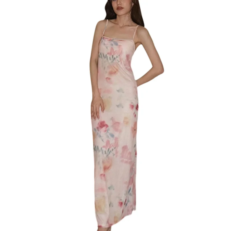 Summer Long Dress y2k Women Floral Print Square Neck Spaghetti Strap Sleeveless Bodycon Dress 2000s Club Party Dresses