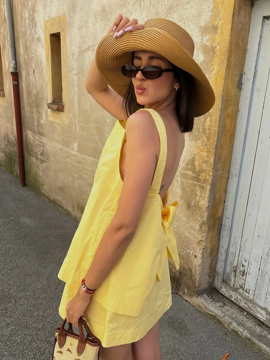 Bornladies Women's 2026 Summer New Cami Skirt Set Sexy Boat Neck Cami Lace-up Open Back Mini Skirt Two-Piece Outfit