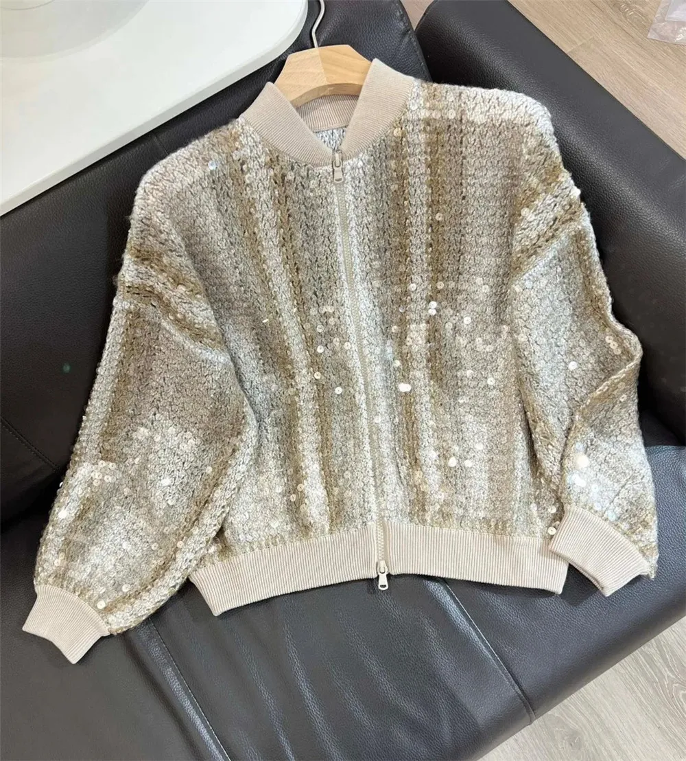 

24 Spring B*C Women's Sequin Embroidery Zipped Bomber Cardigan Loose Jacket Fashion Elegant Coat Female Clothing