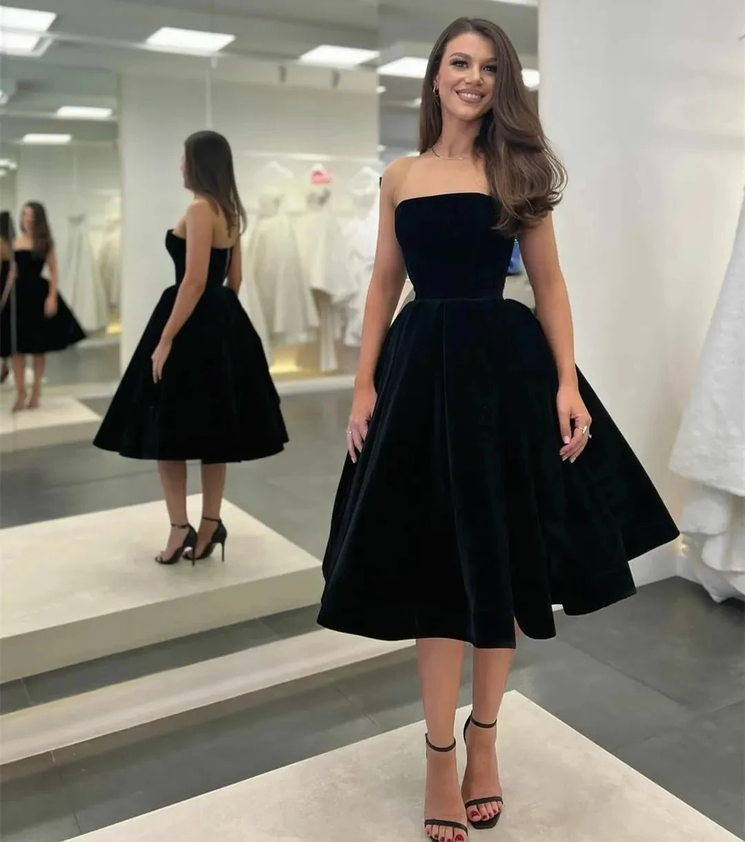 Chic A Line Strapless Black Velvet Cocktail Dresses Short Homecoming Dress