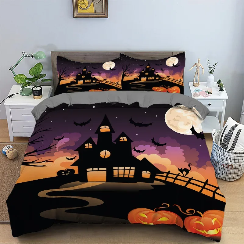 

2023 set of cross-border foreign trade European and American size bedding, witch pumpkin lantern quilt cover GREY
