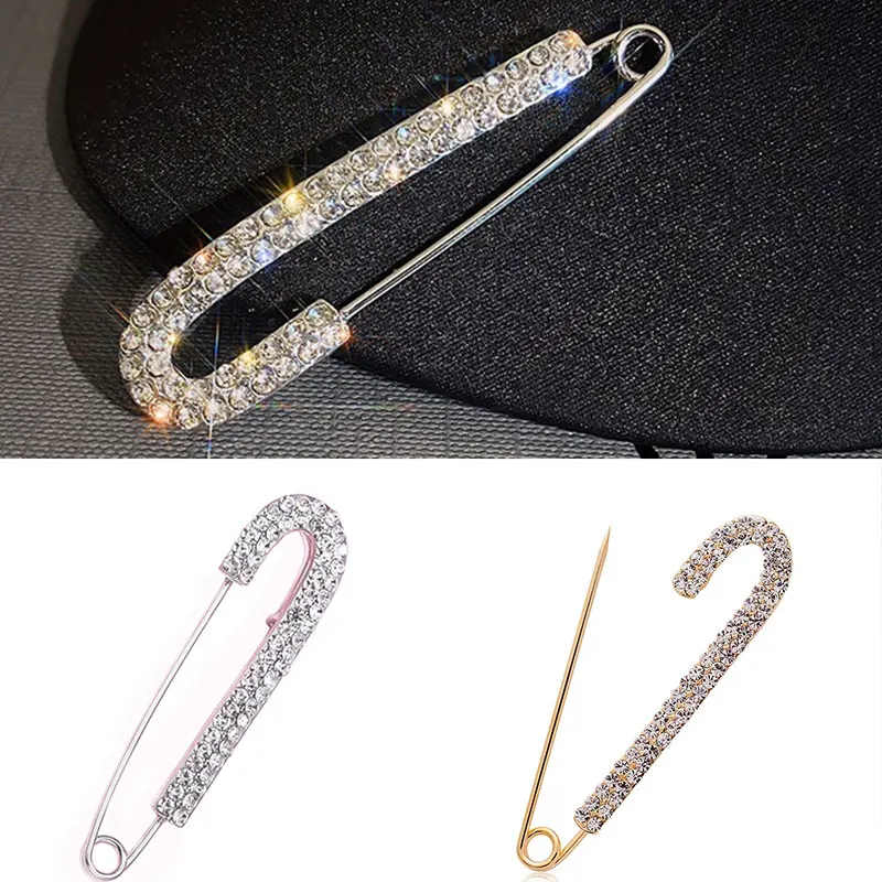 7cm Silver Color Metal Collar Pin Crystal Rhinestone Brooch For Women's Cardigan Fixed Clothes Buckle Simple Clothes Accessories