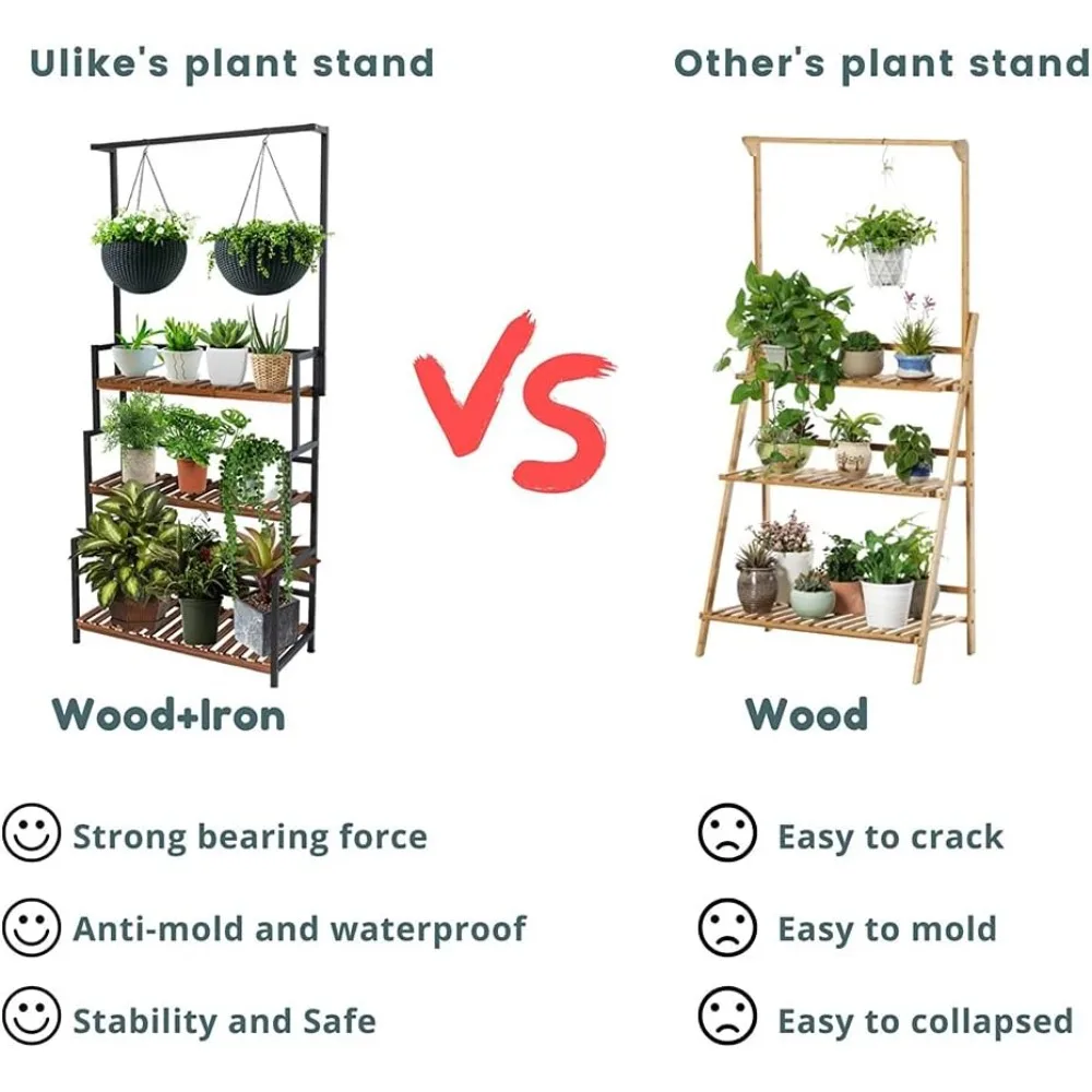 ULIKE Plant Stand Outdoor Indoor Hanging Plant Shelf for Multiple Plants 3 Tier Tall Stand Wood Rack with Metal Frame for
